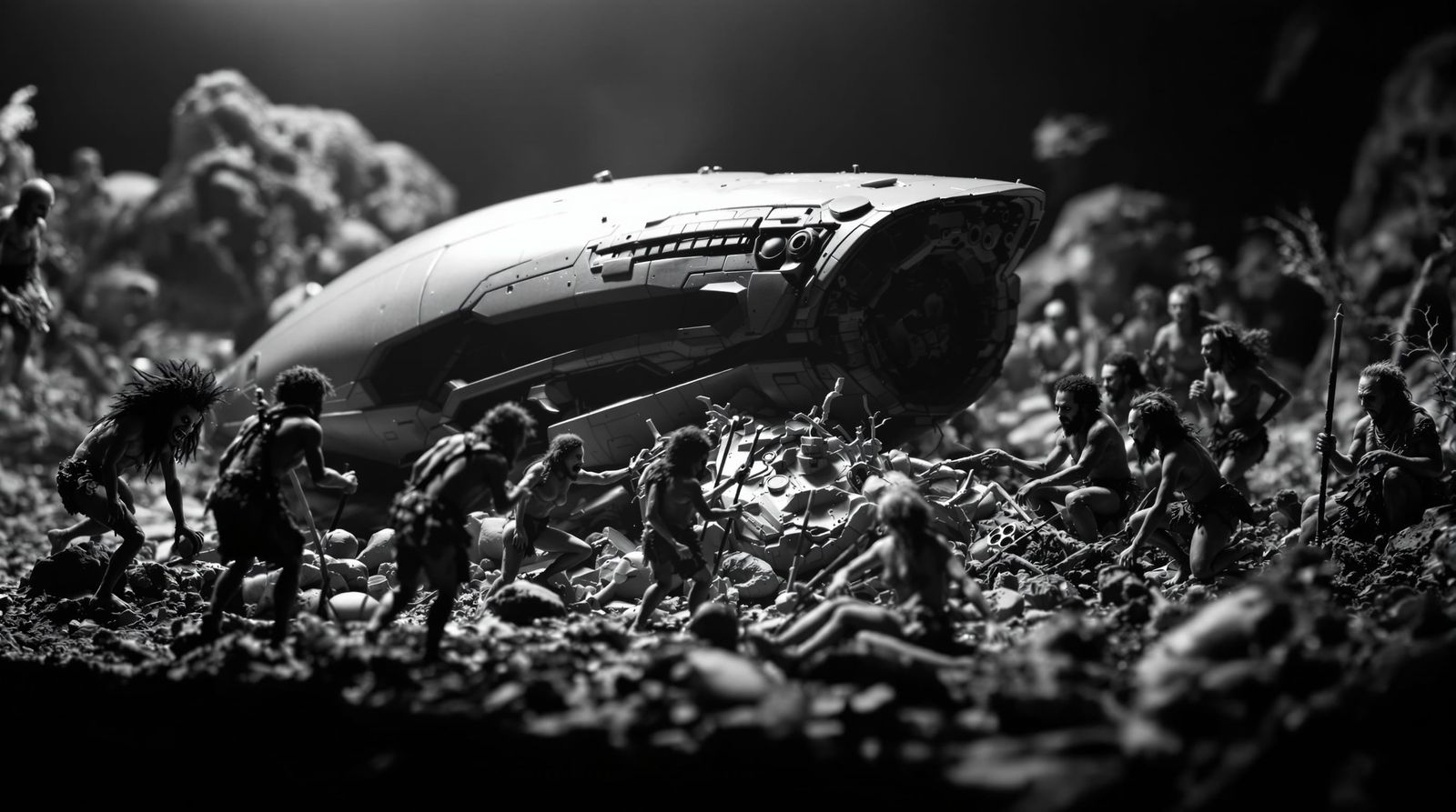 Comical Hunter-Tribe Discovers Accurate Alien Ship Diorama