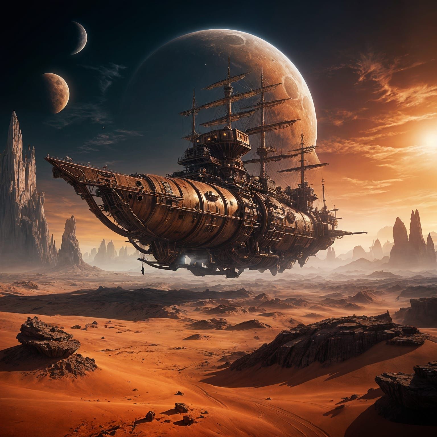 Surreal Warhammer 40K Dreamscape with City on Crescent Moon