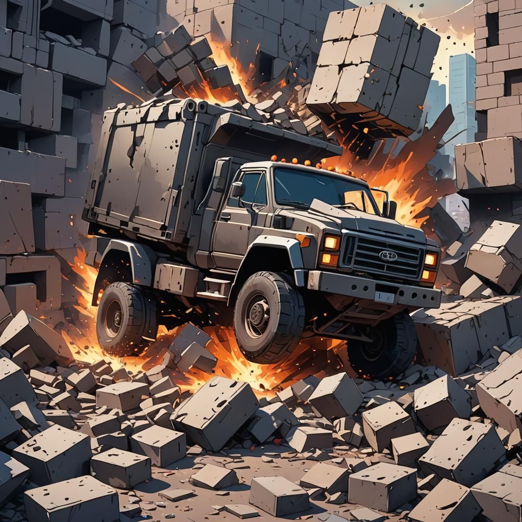 Truck Crashing Into Cinder Block in Anime Style