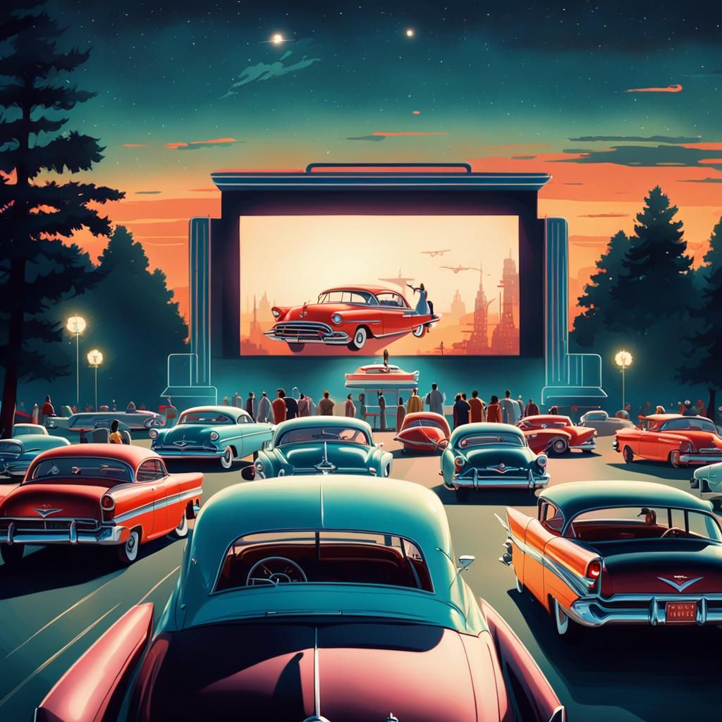 Vintage Sci-Fi Drive-In Movie Theater Under Twinkling Neon L...
