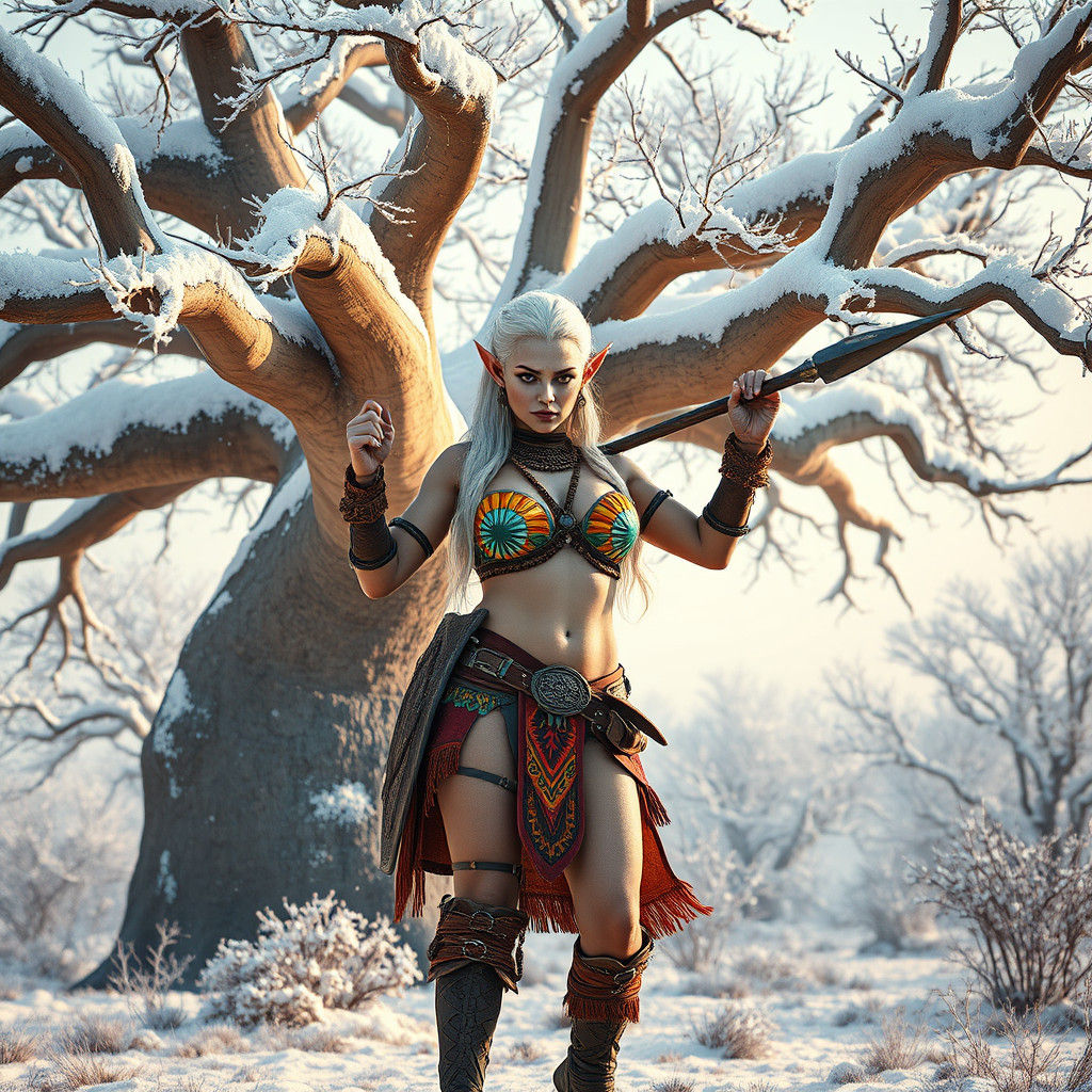 African Elf Warrior in Snowy Savannah Concept Art