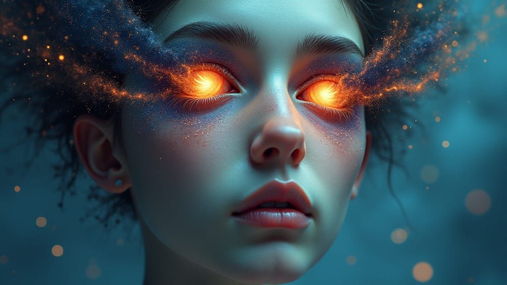 Cosmic Portrait: Galaxies Replacing Eyes in Surreal Art