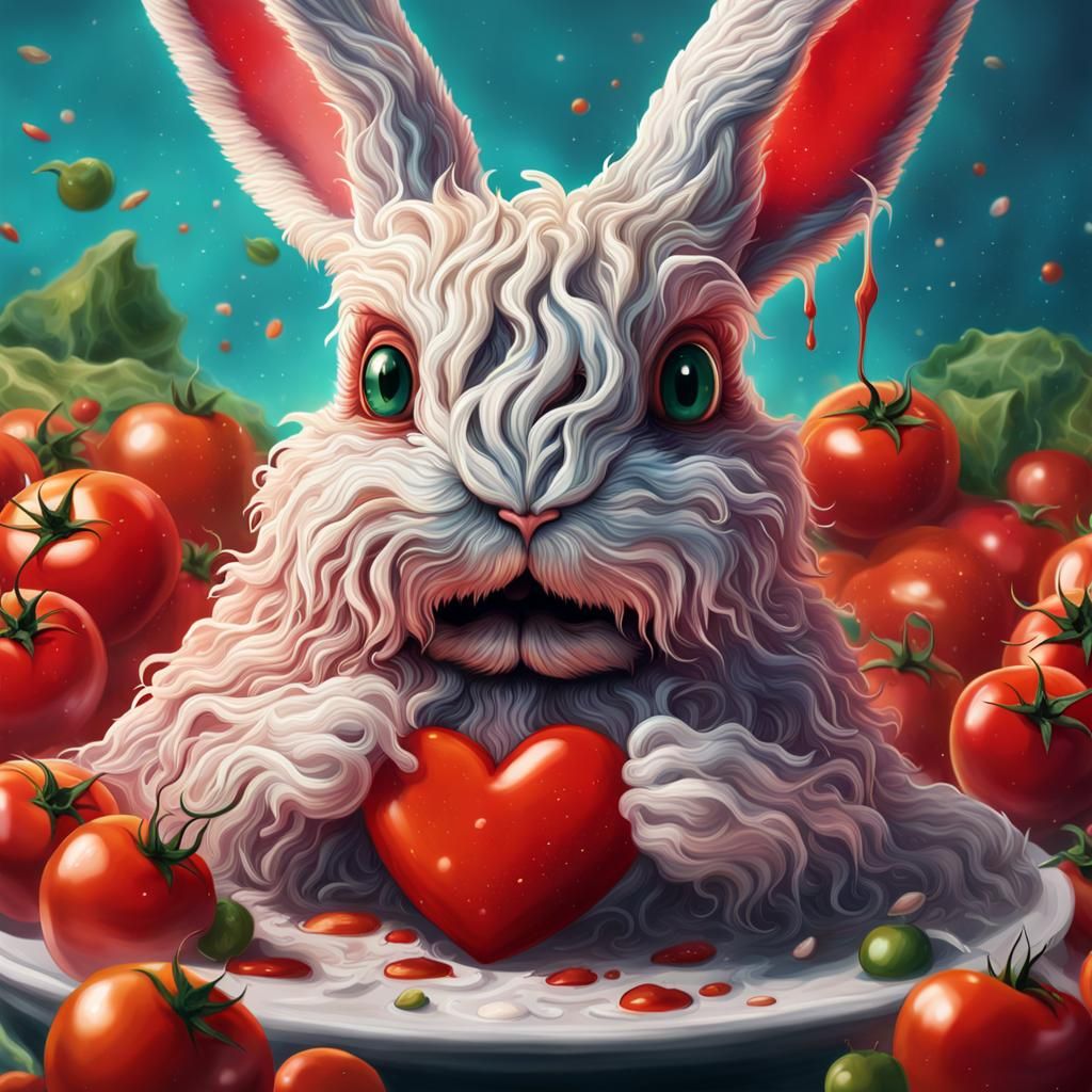 Hyperrealistic Fluffy Bunny with Tomato Heart