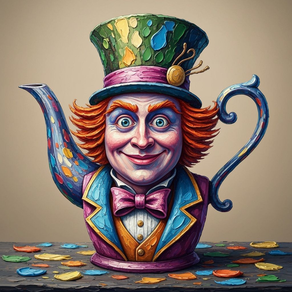Whimsical Mad Hatter Teapot Impasto Painting