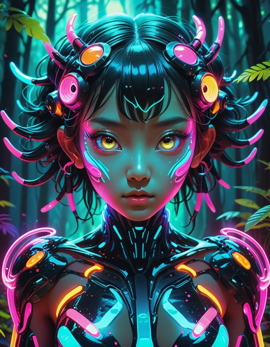 Neon Warrior in Alien Forest: Hyperrealistic Illustration