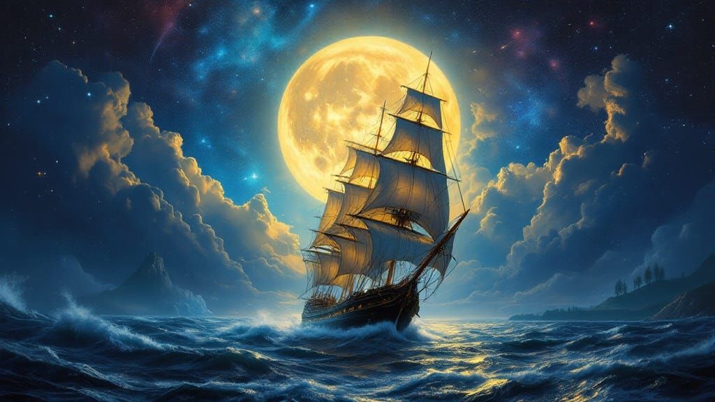 Ethereal Starlight Illuminates Majestic Tall Ship on Stormy ...