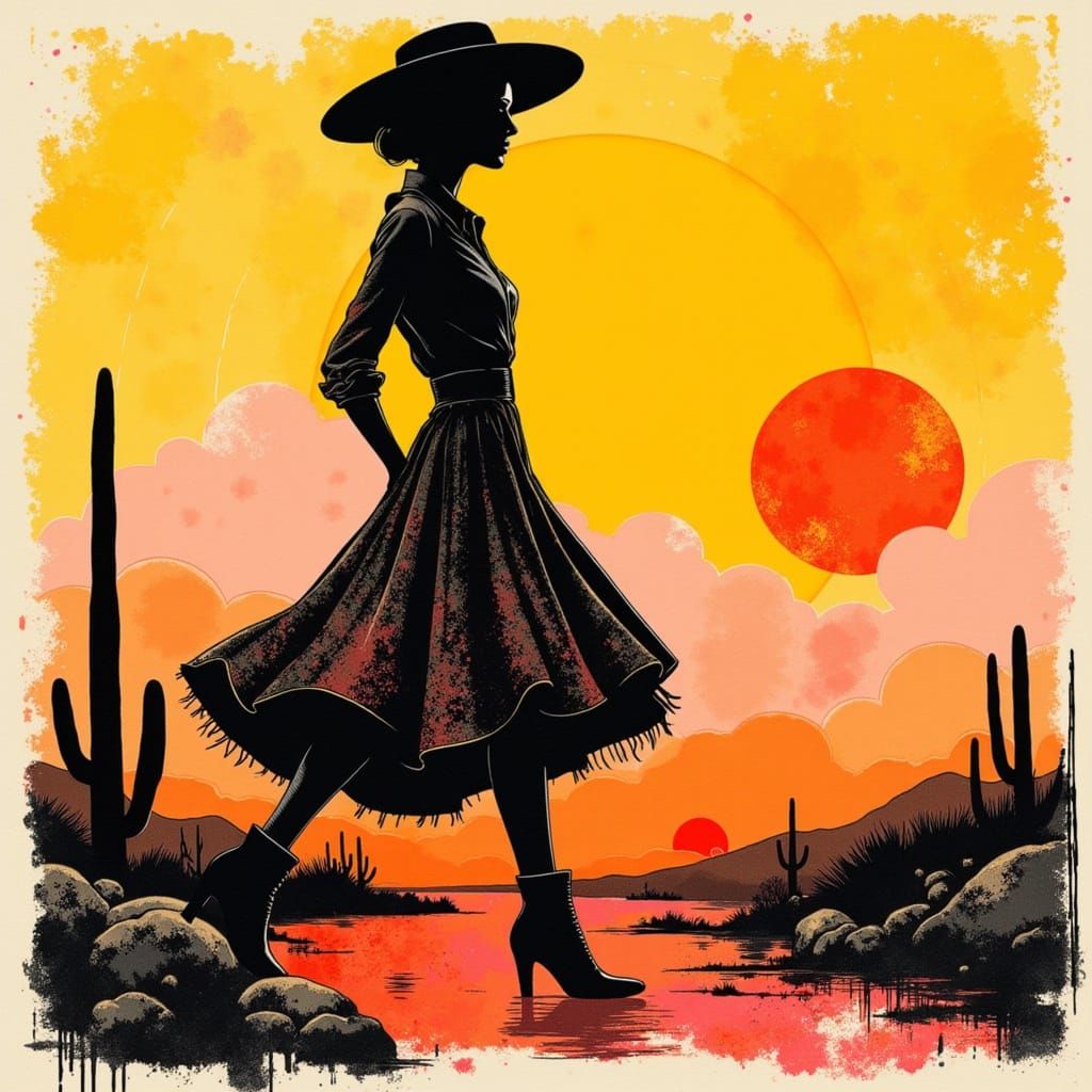 Woman in Cowboy Hat Walks Towards Sun, Mixed Media Art