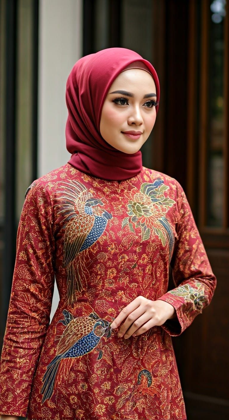 Elegant Asian Woman in Maroon Batik Dress
