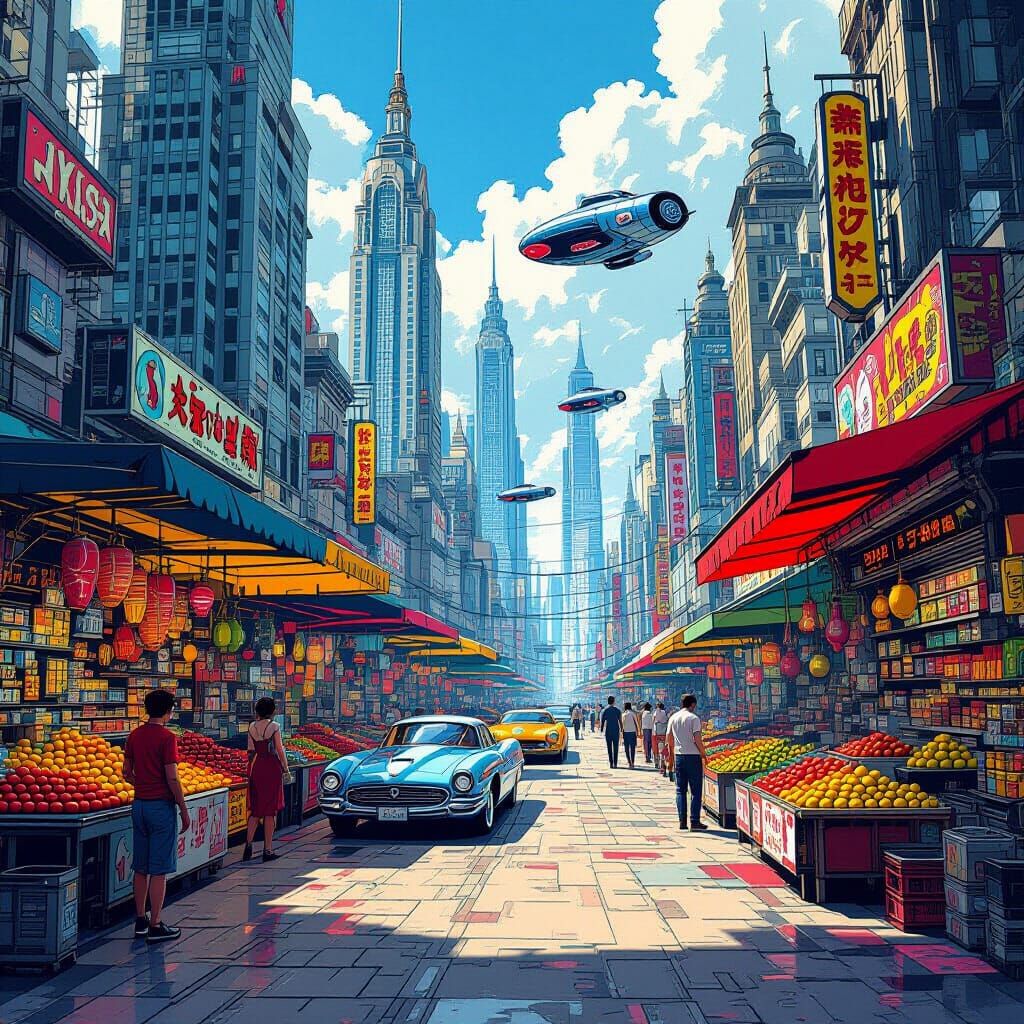 Retro-Futuristic City Marketplace in Comic Book Style