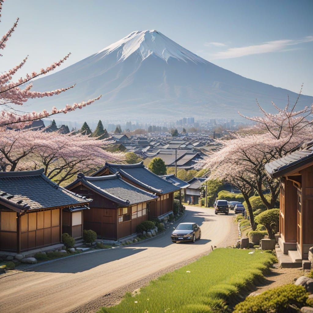 Traditional Japanese Countryside in Springtime Splendor