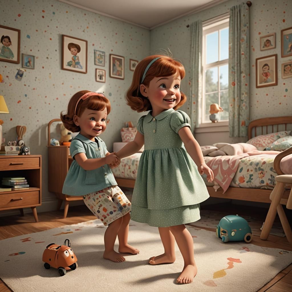 Retro Toddler Girl Playing: 3D Digital Art