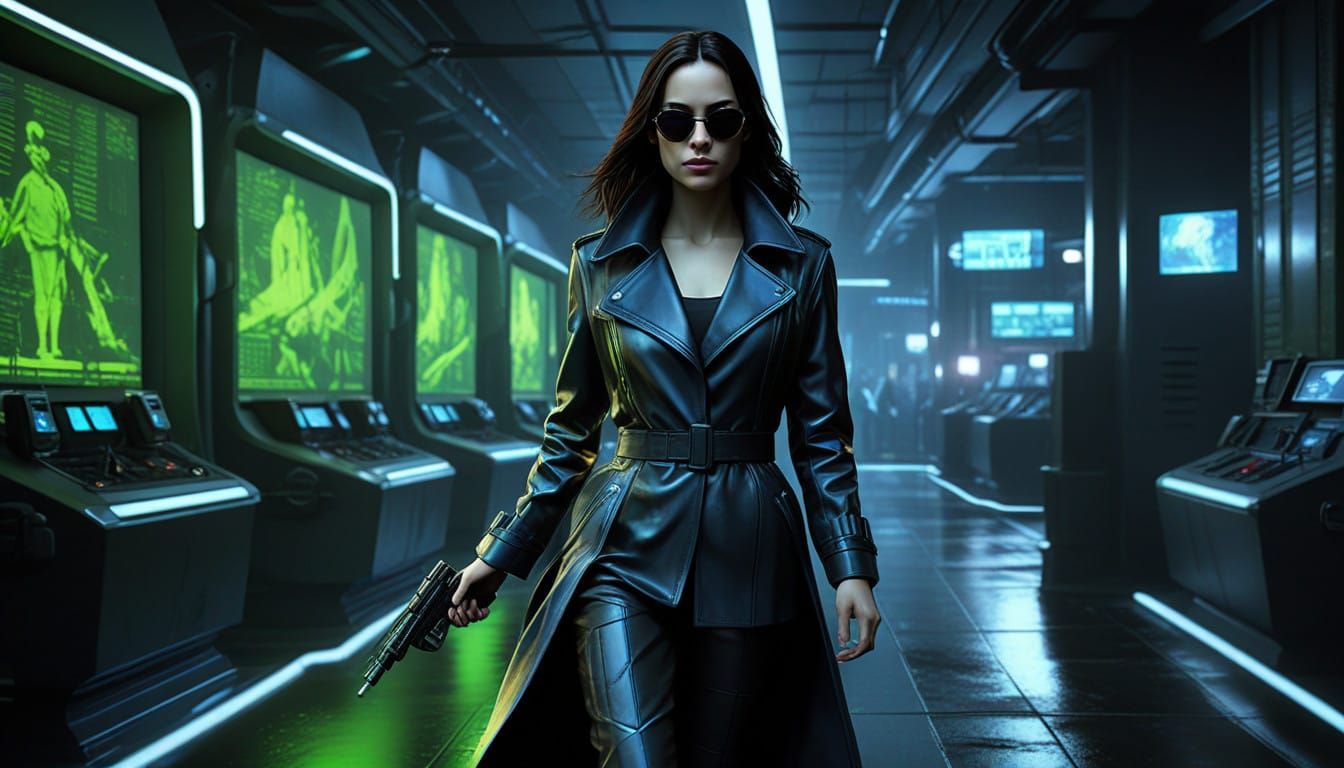 Futuristic Mona Lisa Trinity in Cyberpunk Dystopia