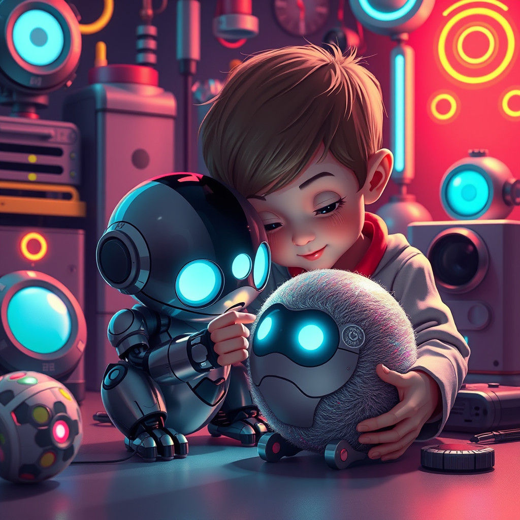 Boy Pets Robot Cub in Neon Toy Store