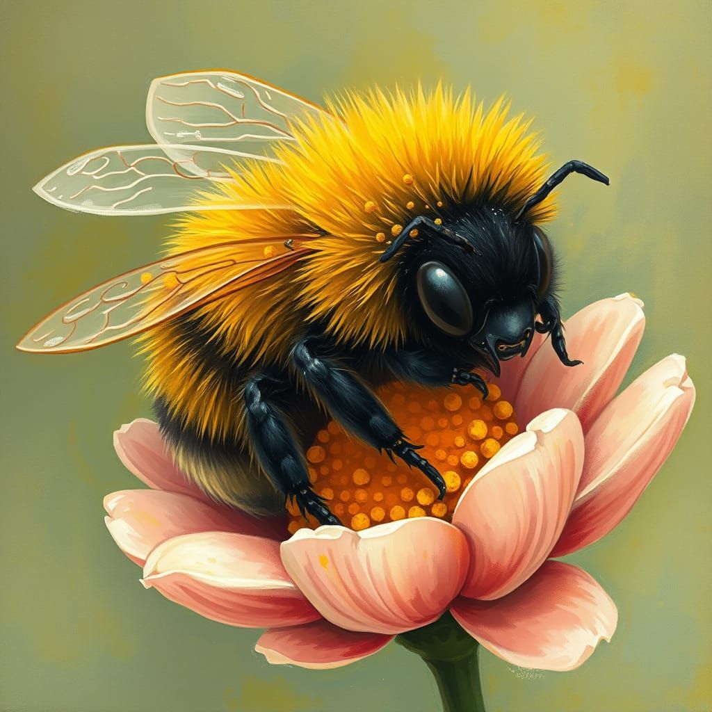 Whimsical Bumble Bee Napping in Flower Painting