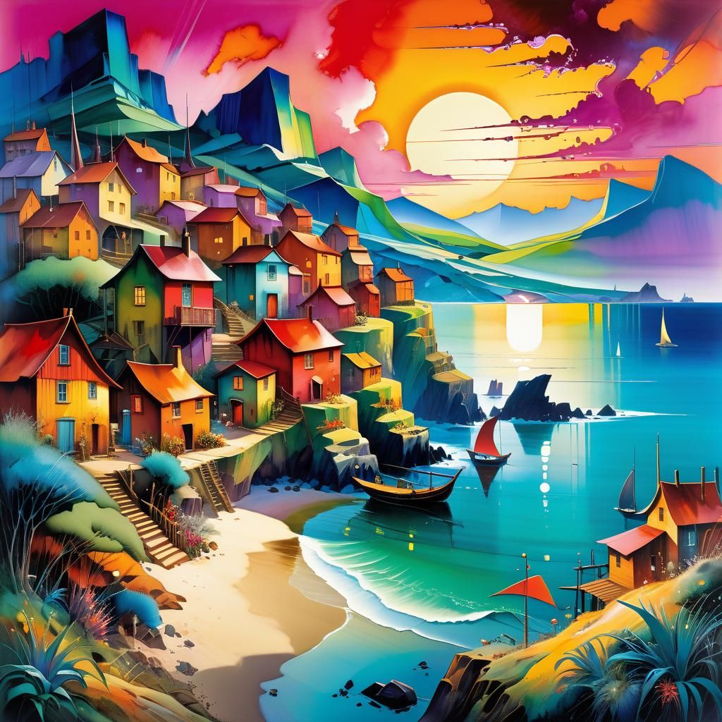 Fantasy Coastal Village at Twilight in Watercolor Style