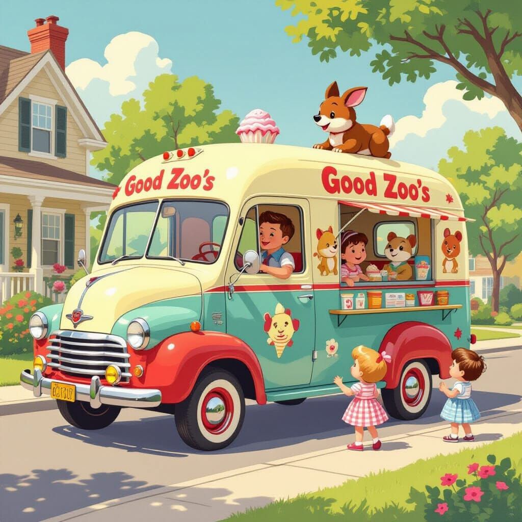 Vintage Ice Cream Truck Children's Book Illustration