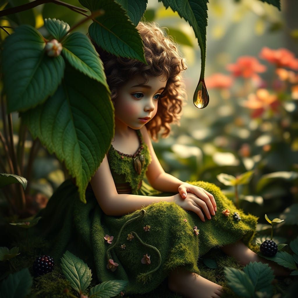 Serene Dwarf Girl Savoring a Sparkling Waterdrop