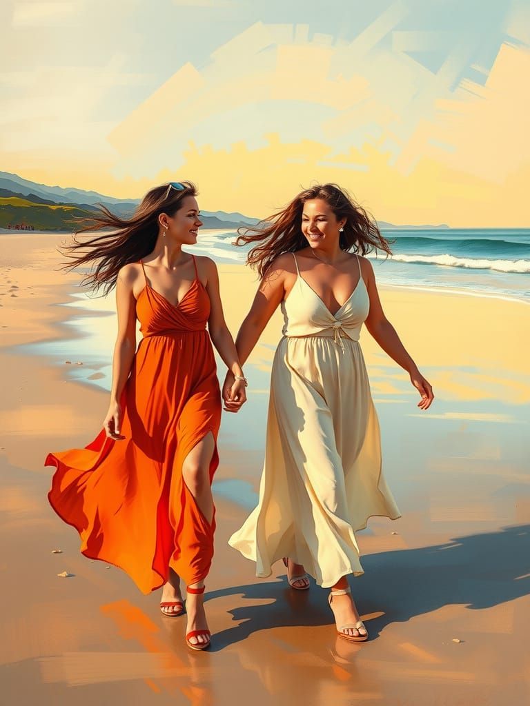 Women Stroll on Spanish Beach at Golden Hour