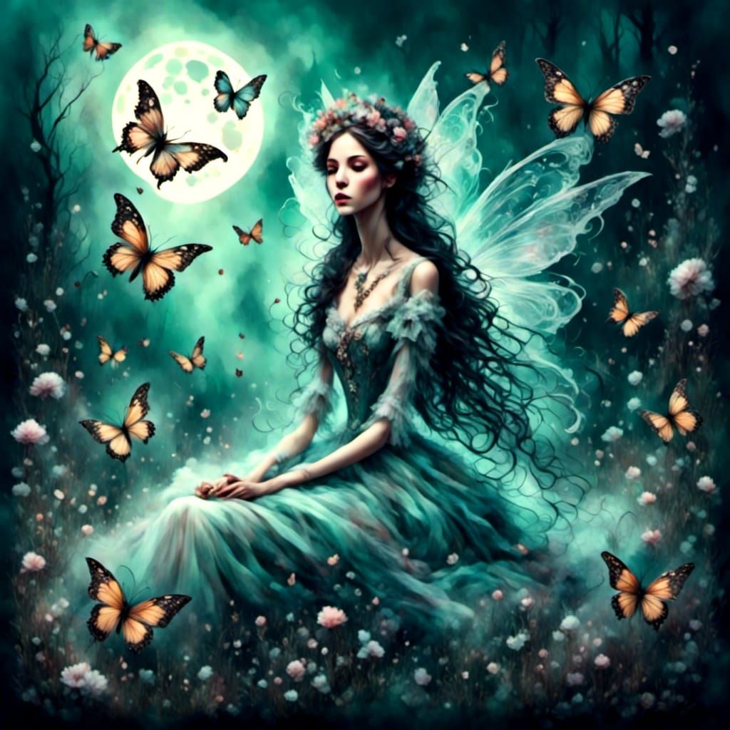 Fairy in Misty Meadow with Butterflies, Victorian Watercolor