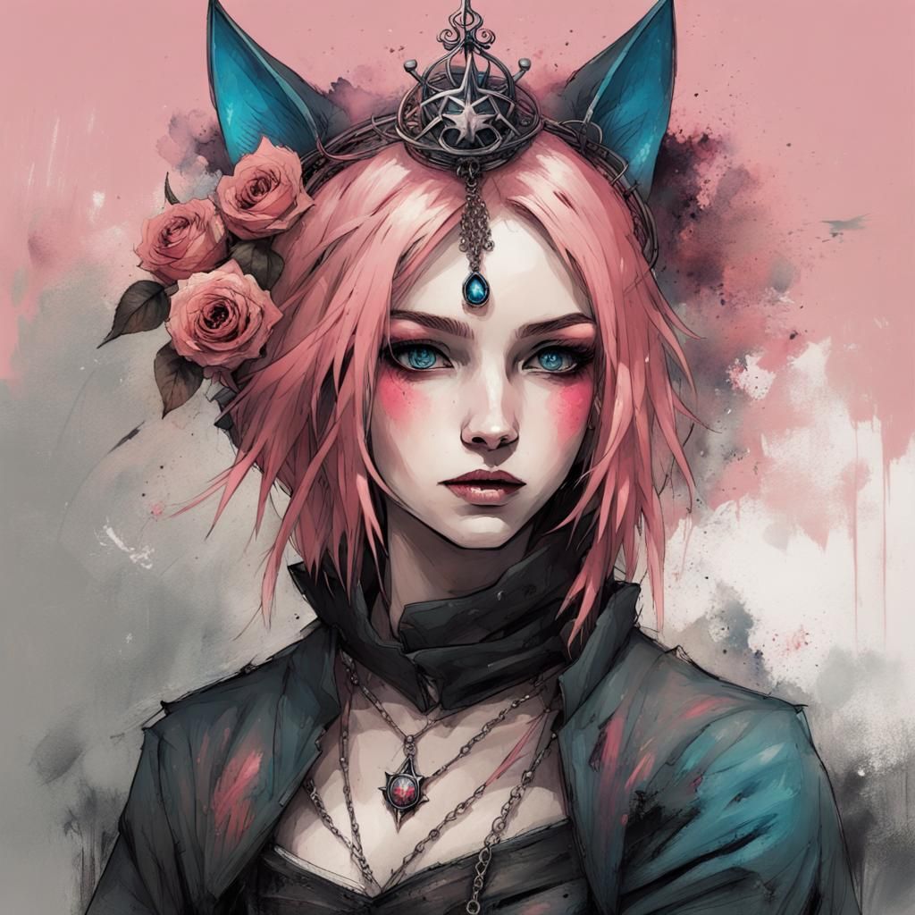 Gothic Cat Girl with Rose Crown, Gouache Art