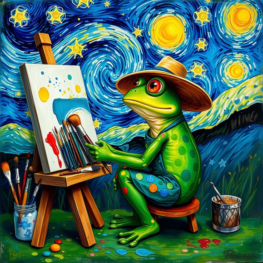 Vincent Van Frog Paints Whimsical Starry Night Masterpiece