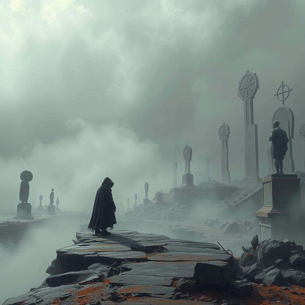 Decaying Dreamscape with Cloaked Figure in Ethereal Style