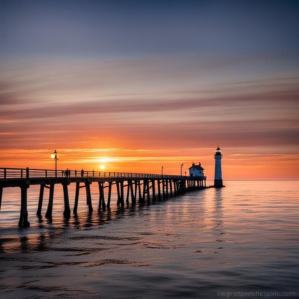 Lake Michigan Sunset with Pier and Lighthouse