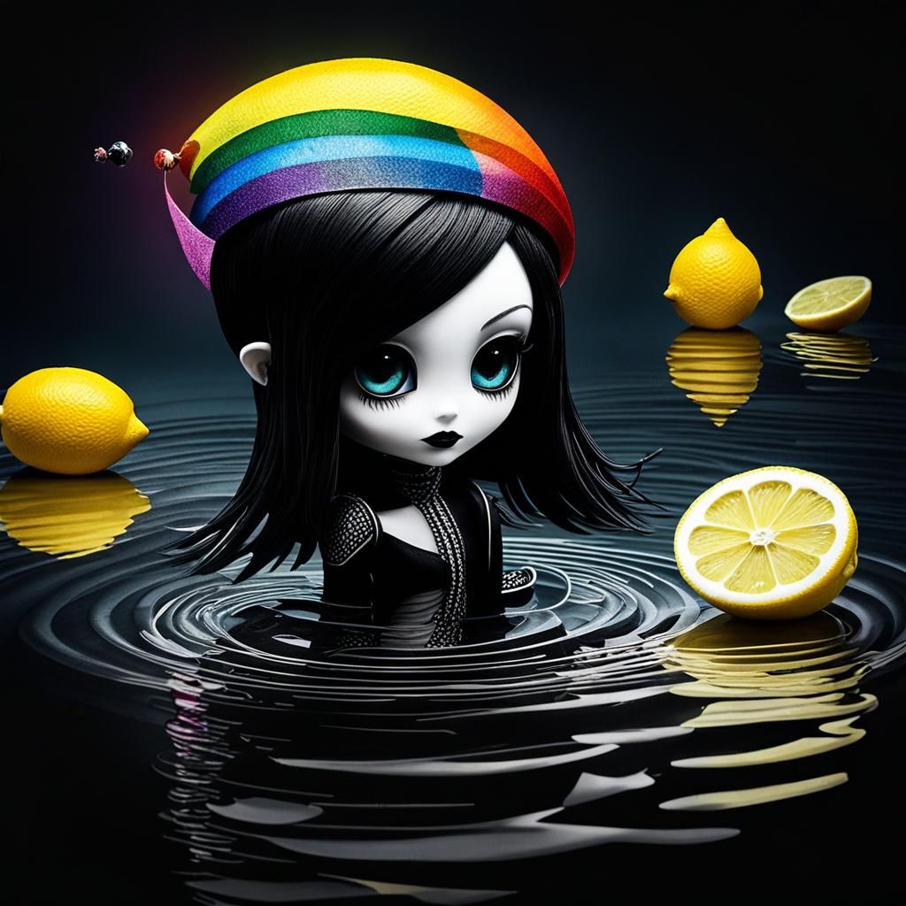 Chibi Goth Woman in Black Lemonade, Crayon Drawing