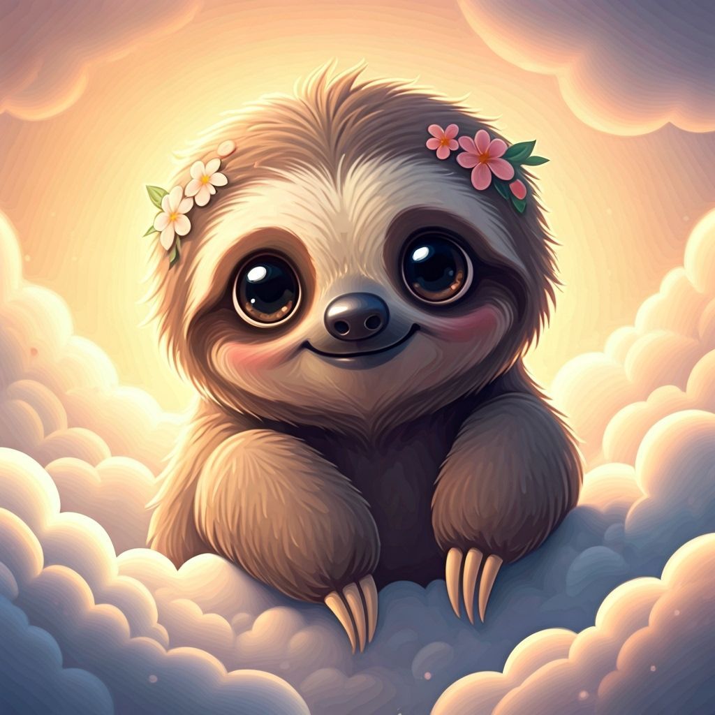 Cute Kawaii Sloth Floating Through Clouds in Storybook Style