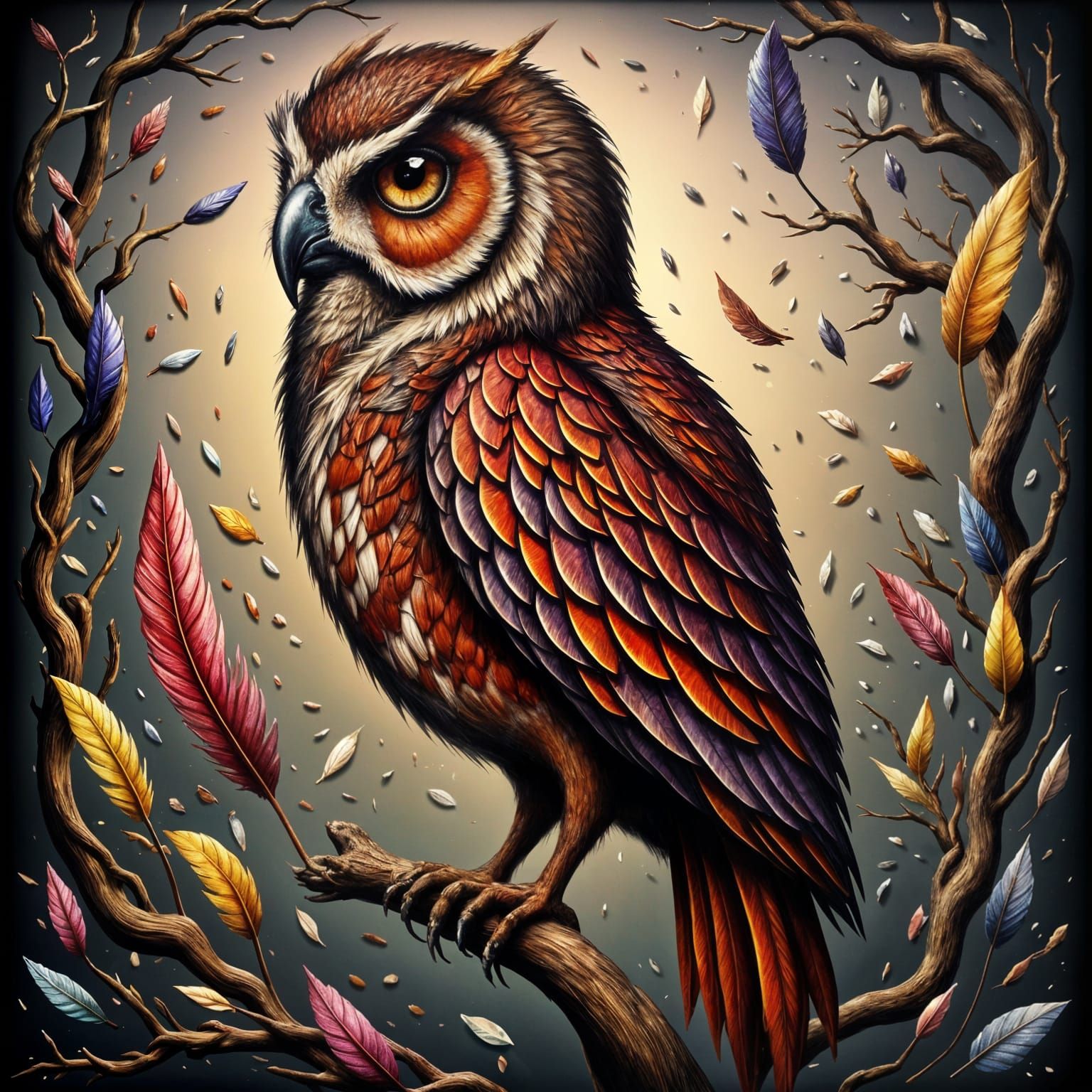Stained Glass Owl on Branch in Fantasy Style