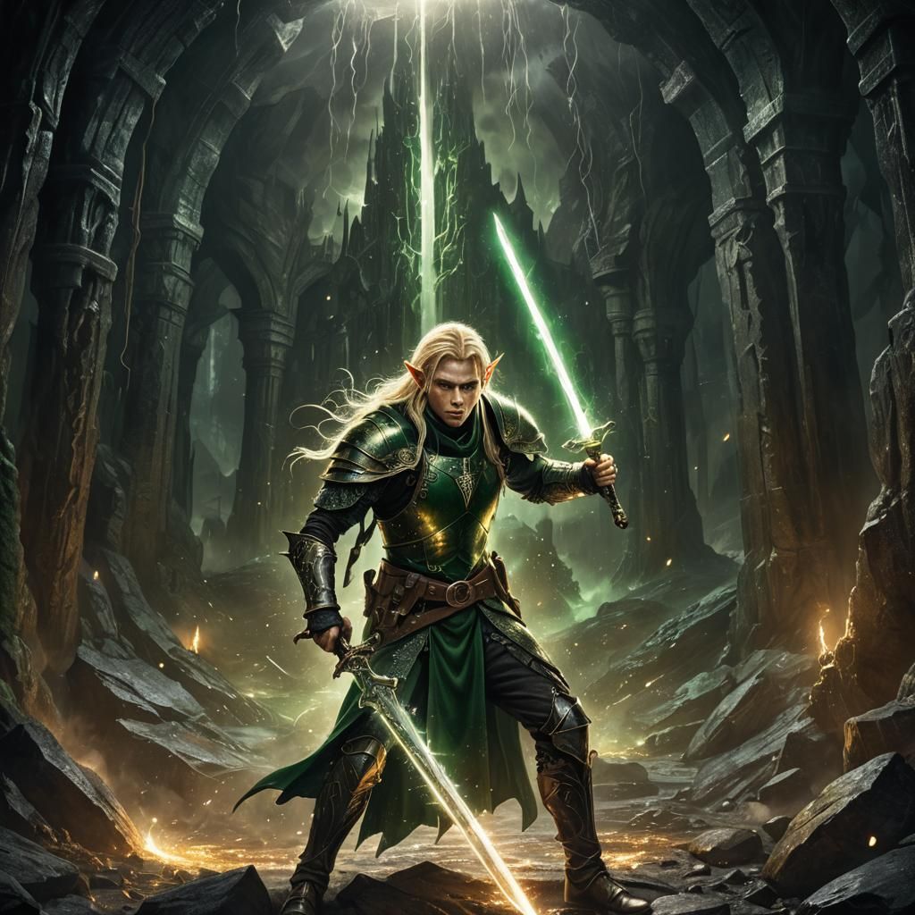 Steampunk Elf Warrior in Dark Fantasy Cave