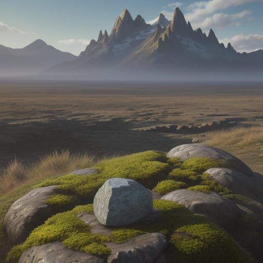 Single Stone on Barren Plain: Detailed Digital Painting