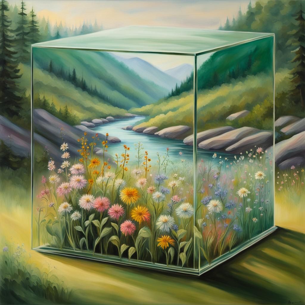 Inside a translucent glass cube Very large variety of wild f...