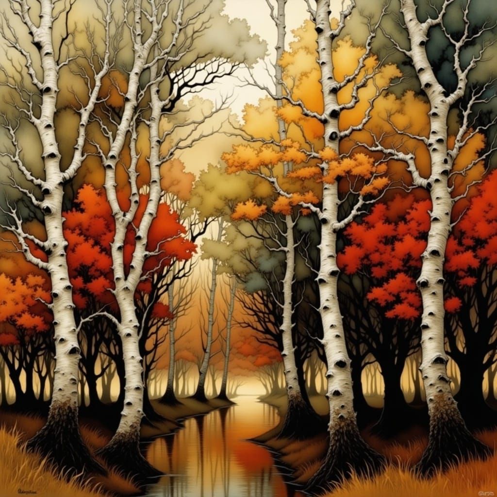 Autumn Birch Trees in Watercolor Style