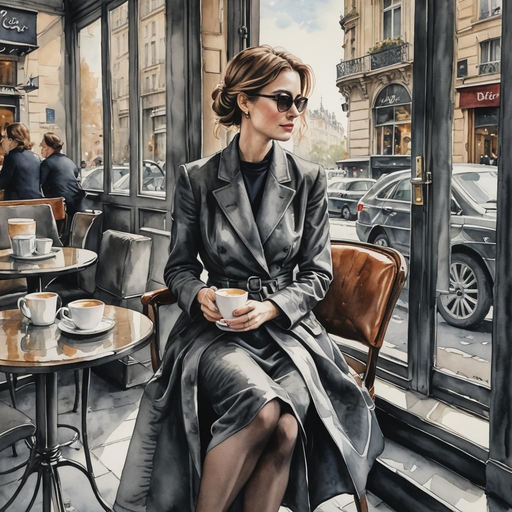 Elegant Parisian Woman Sipping Coffee: Watercolor Style