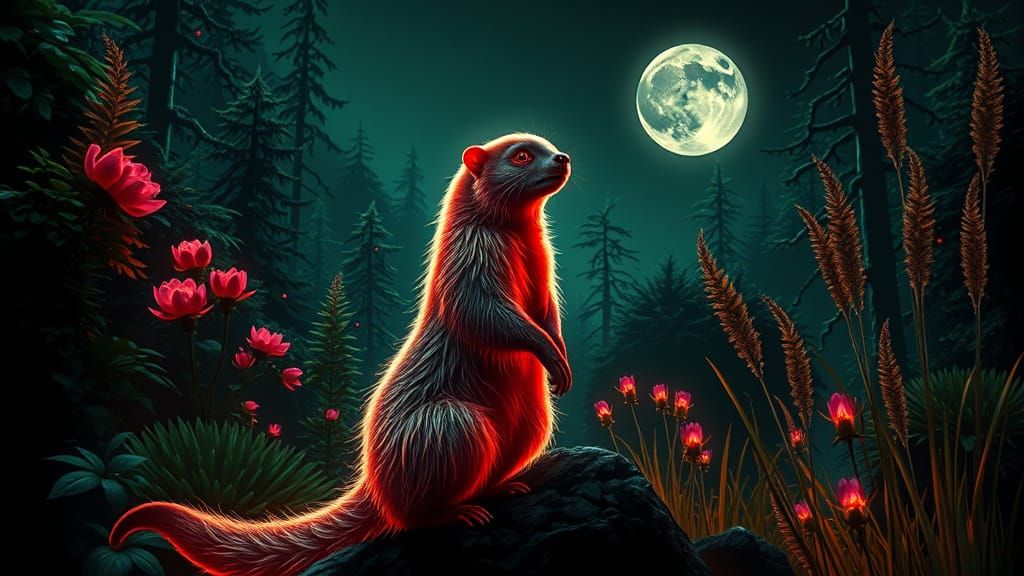 Neon Mongoose in Mystical Forest, Digital Art