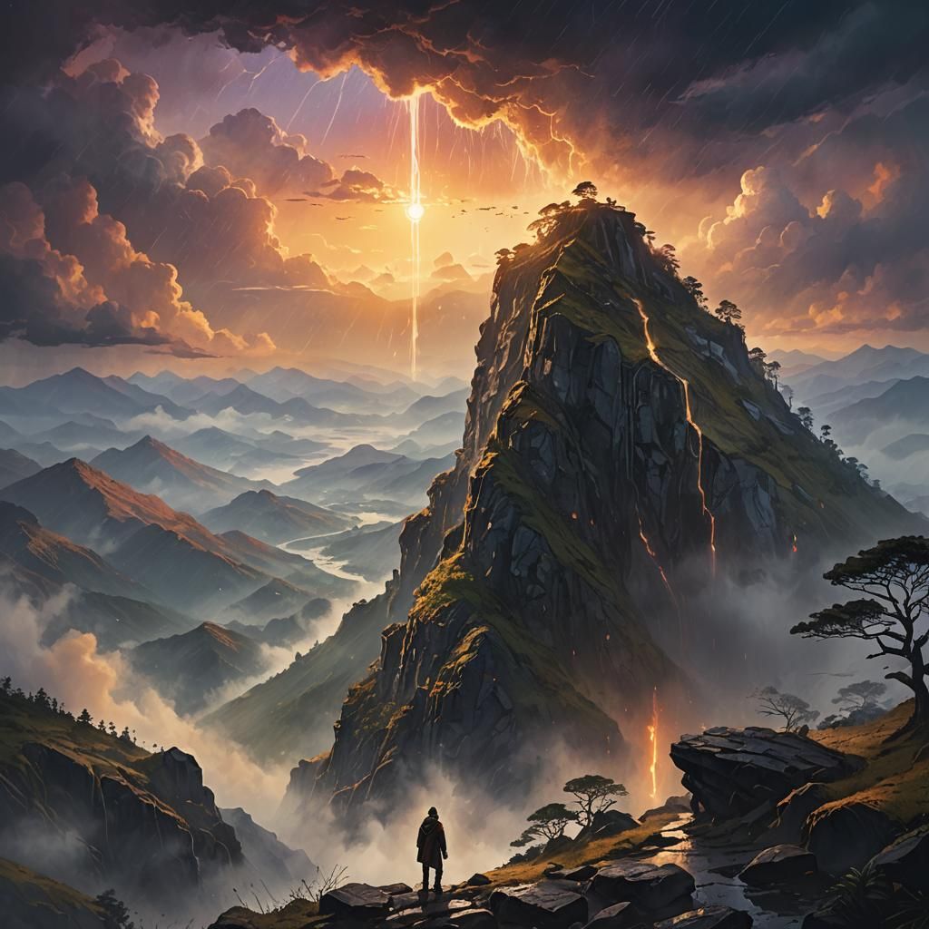 Misty Mountaintop at Dawn: Fantastical Concept Art