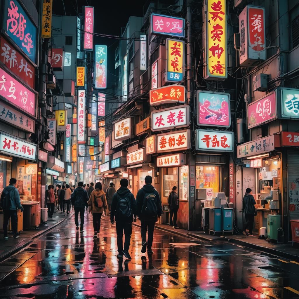 Neon Signs in downtown Tokyo Street, Bathing the night in br...