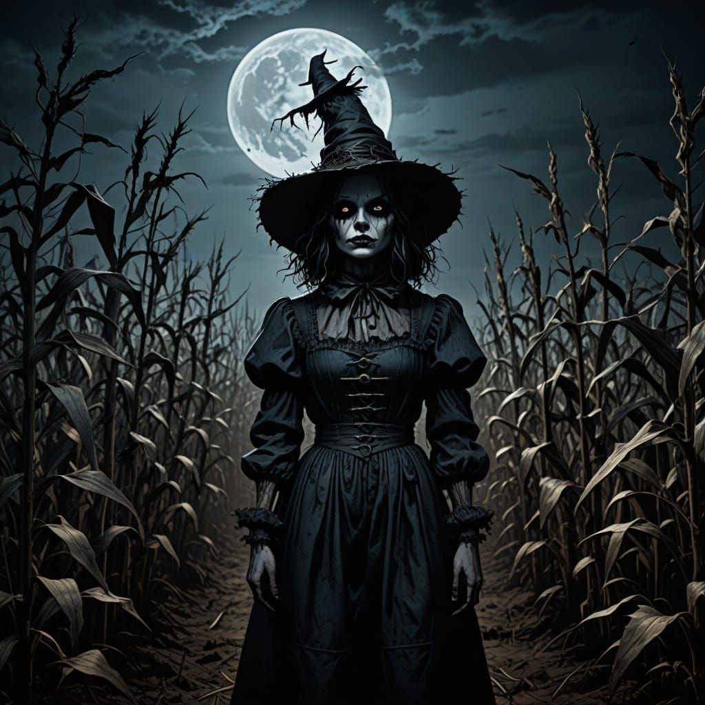 Gothic Woman in Scarecrow Costume, Dark Fantasy Illustration