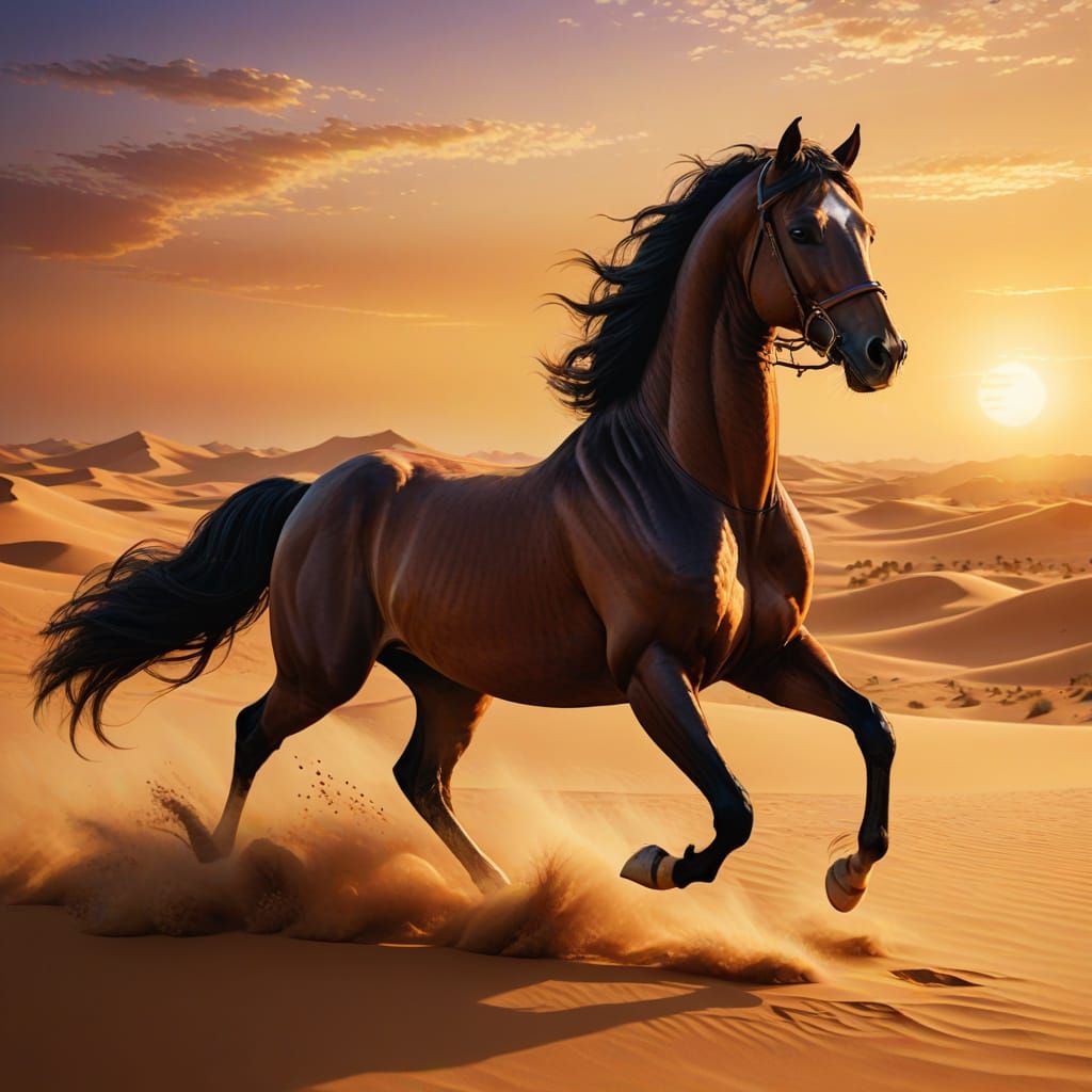 Majestic Arabian Horse Gallops Through Desert Sunset