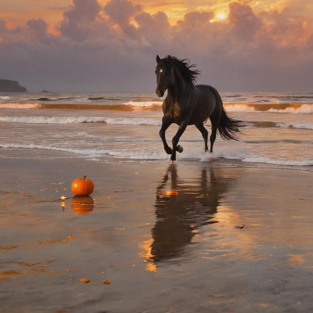 Black Horse at Sunset: A Dreamy Oil Painting