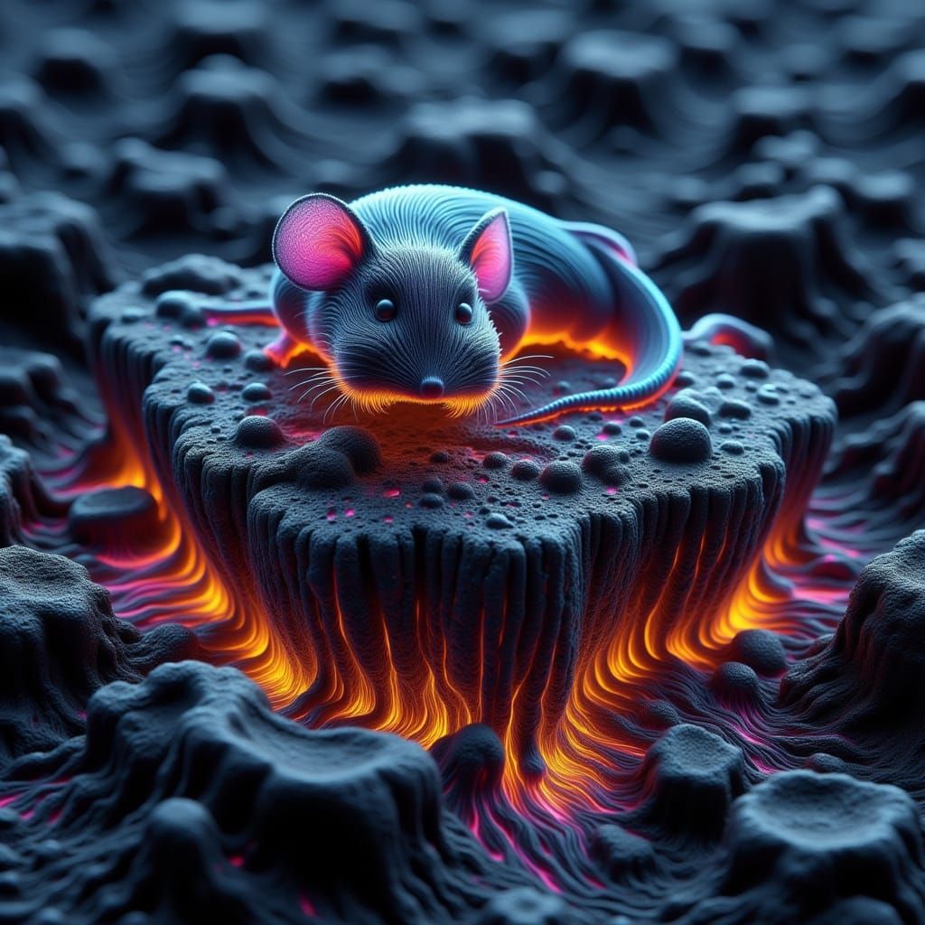 Biomechanical Chibi Mouse Blooms on Obsidian Island in Dream...