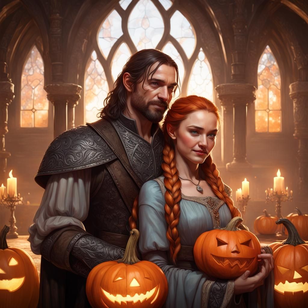 Sandor and Sansa Carving Pumpkins: Art Nouveau Portrait