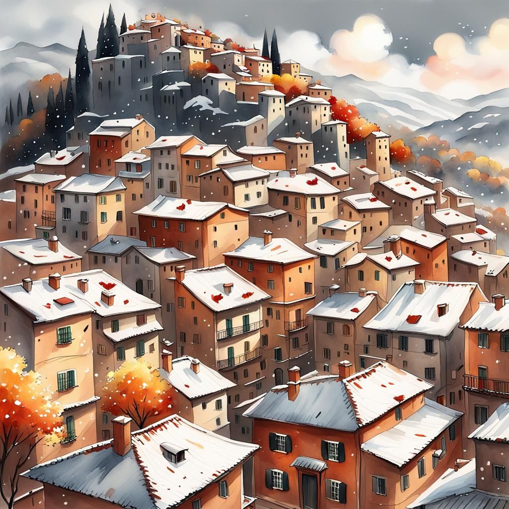 Anime Winter Village in Watercolor Style
