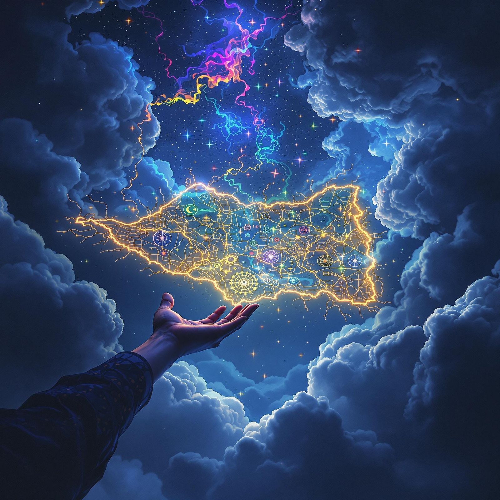 Dreamweaver in Stardust Tapestry Ascends with Celestial Map