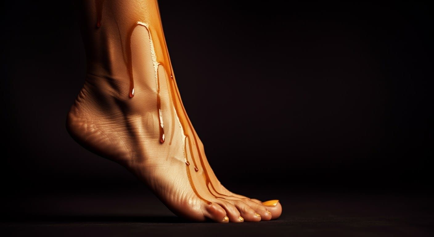 Sensual Woman's Feet in Golden Honey, Hyper-Realistic Closeu...