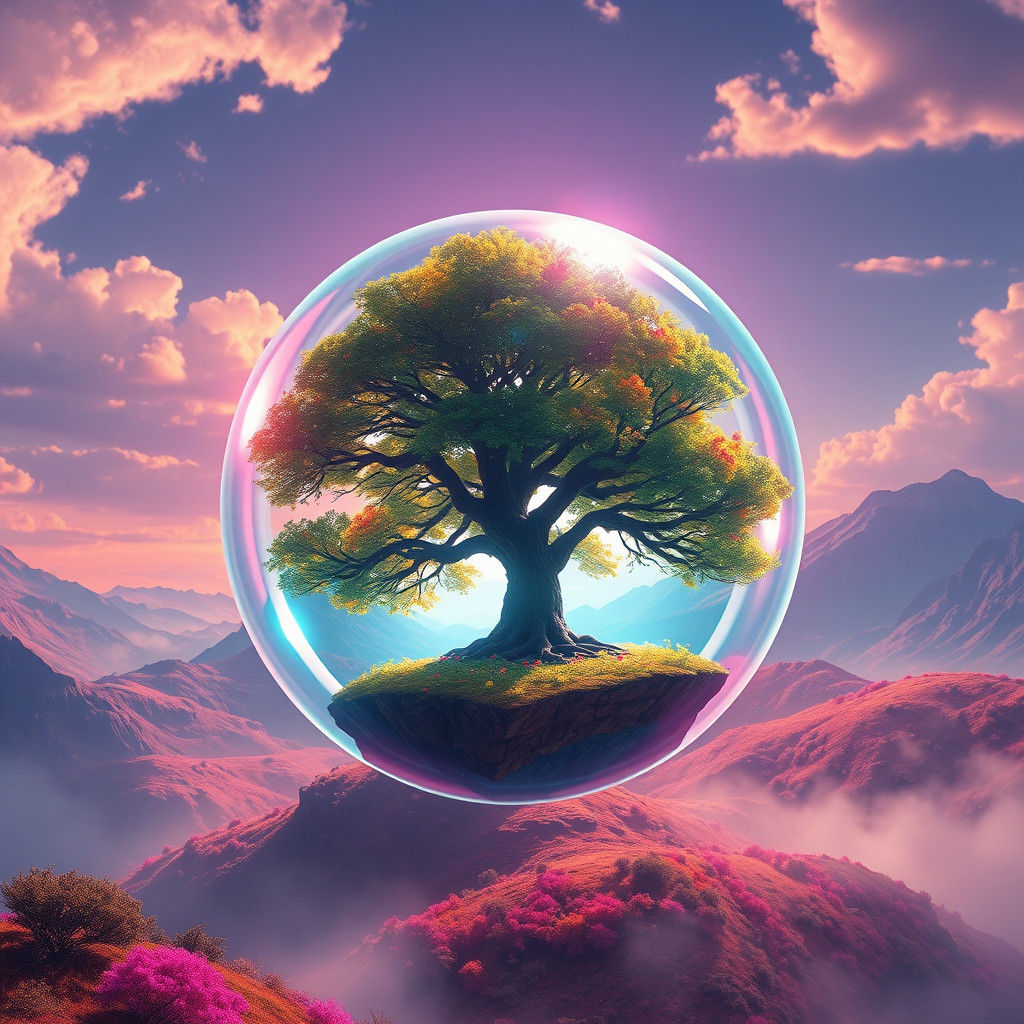 Dreamlike Landscape: Tree Encased in Iridescent Bubble