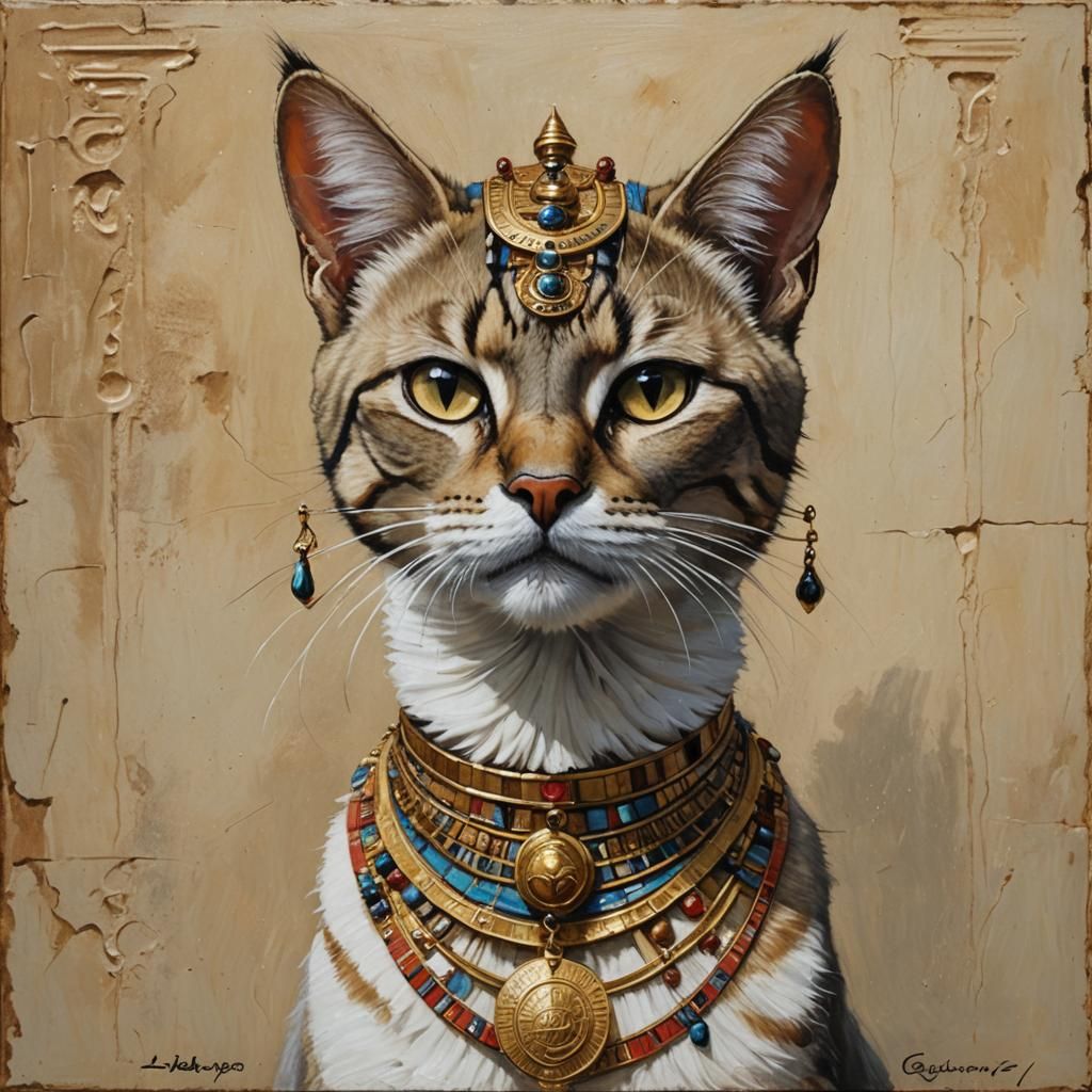 Egyptian Cat with Jewelry in Oil Painting Style