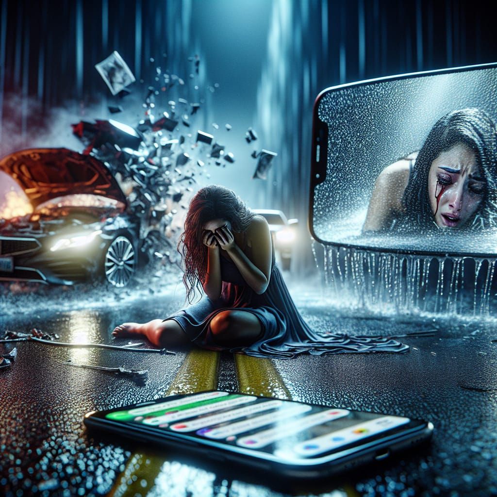 Dramatic Car Accident Scene in Mixed Media Style