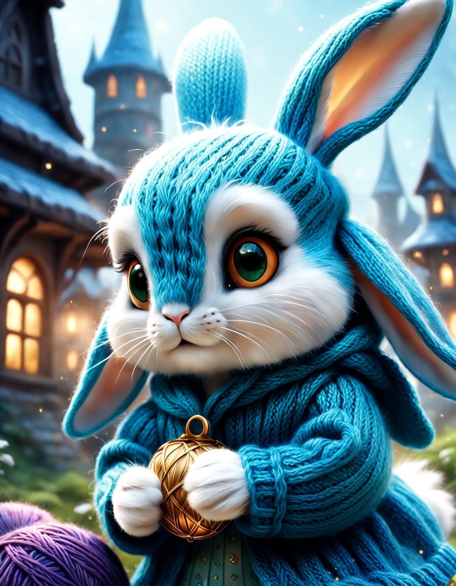 Cozy Knitted Bunny in Magical Storybook Setting